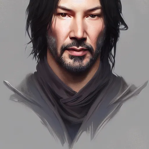 Image similar to Portrait of Keanu, D&D, face, fantasy, intricate, elegant, highly detailed, digital painting, artstation, concept art, smooth, sharp focus, illustration, art by artgerm and greg rutkowski and alphonse mucha