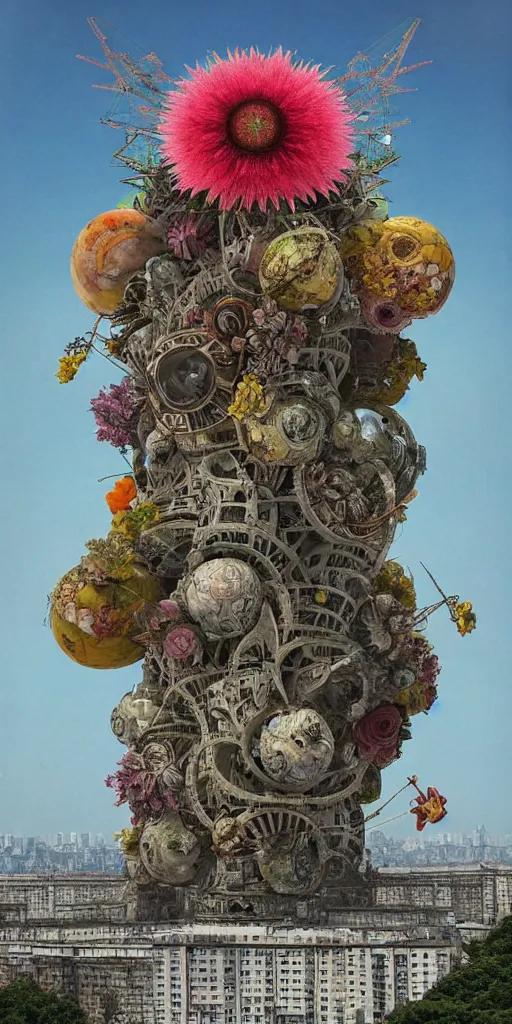 Image similar to colossal alien flower in the middle of abandoned post soviet constructivist cityscape, Stalinist architecture, ultradetailed, Intricate by Hayao Miyazaki and Josan Gonzalez and Giuseppe Arcimboldo and Wes Anderson and H.R. Giger