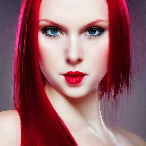 Prompt: !dream Portrait of a young, stunningly beautiful twin-tailed woman with red hair on the right half of her head and white hair on the left half, award-winning photo, 4k, 8k, studio lighting, Nikon D6