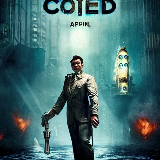 Image similar to movie poster depicting andrew ryan, portrayed by leonardo dicaprio, in a new live - action bioshock movie, the underwater city of rapture is also present