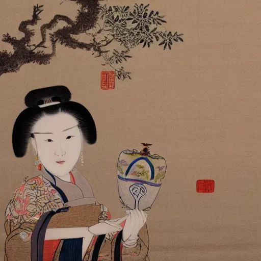 Prompt: - 1 a beautiful woman in the tang dynasty holding a vase and sitting on a white mouse, highly detailed, chinese ink painting, smooth, sharp focus uhd 8 k