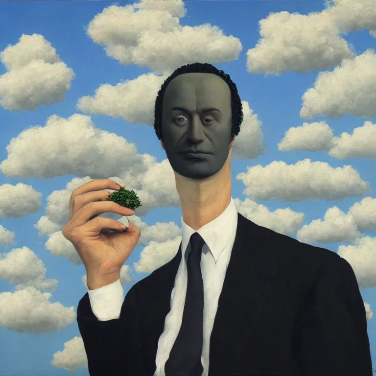 Image similar to portrait of a faceless shadow - head man with messy hair in a suit, clouds in the background, by rene magritte, detailed painting, distance, middle centered, hd, hq, high resolution, high detail, 4 k, 8 k