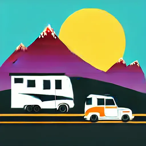 Image similar to vector art of a white and black cute thor chateau! motorhome camper!!, highway, mountains and colorful sunset!!, very very happy, dramatic motion, warm colors, crisp lines, very minimal vector art, sticker!! by tom whalen