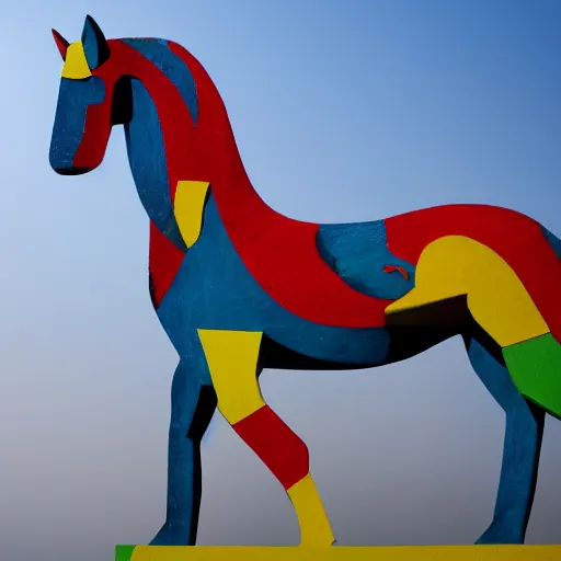 Image similar to horse statue , background from blue to red to yellow