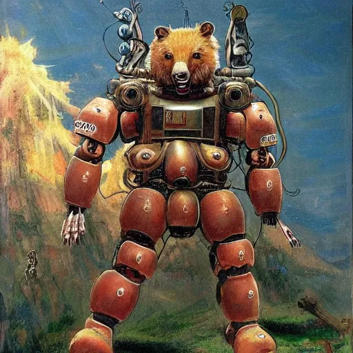 Prompt: beastial ursine combat mecha in the style of vasily vereshchagin and evangelion