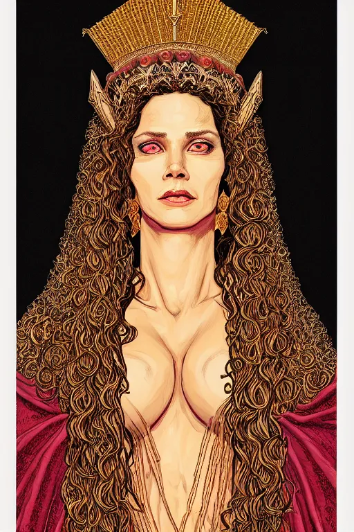 Prompt: Portrait of historically accurate, ancient biblical, sultry, sneering, evil, pagan, wicked, queen jezebel, wearing gilded robes, long hair, intricate, elegant, highly detailed, masterpiece, illustration, art by Jean Giraud, highly detailed, trending on artstation, award winning