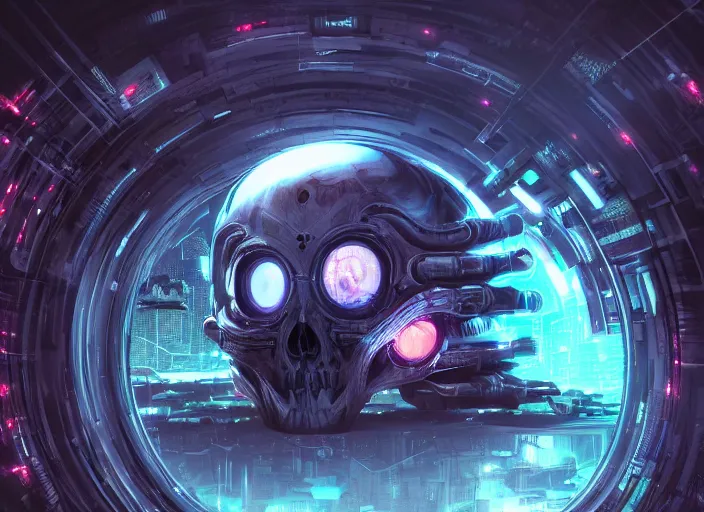 Image similar to a futuristic skull with glowing eyes and a wormhole tunnel, cyberpunk art by marc simonetti, behance contest winner, computer art, darksynth, synthwave, rendered in cinema 4 d