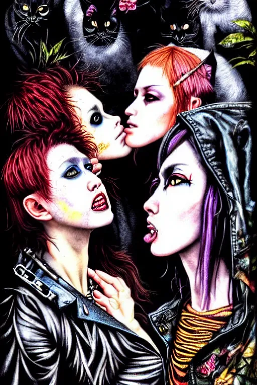 Image similar to punk rock girls kissing and making selfie with black cats in jungle , 1980 style by by Ayami Kojima, mad max jacket, post apocalyptic, Cyberpunk, renaissance, Gothic, mystic, highly detailed, digital painting, 4k, fog, oil painting by Leonardo Da Vinci, hyper realistic style, fantasy by Olga Fedorova