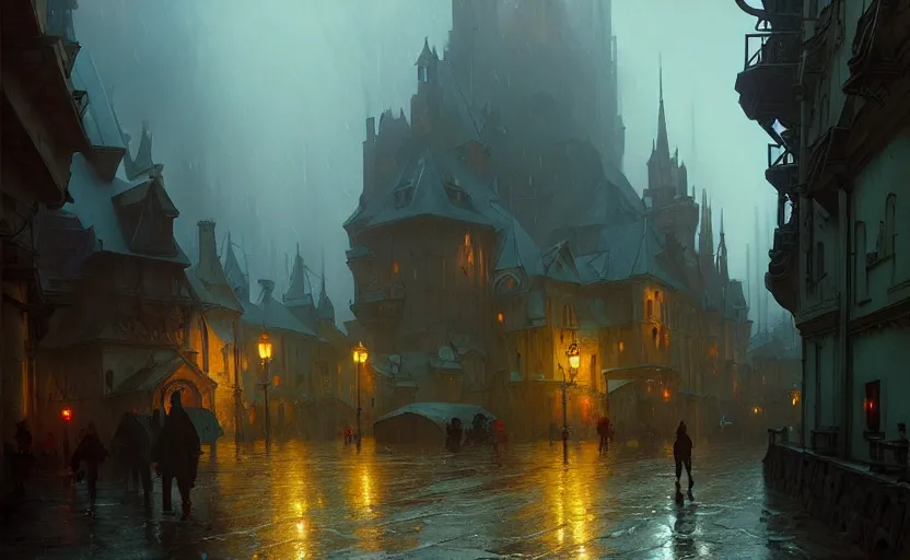 Image similar to a medieval city with rainy and moody cinematic lighting by darek zabrocki and greg ruthkowski, alphonse mucha, simon stalenhag and cinematic and blue cold atmospheric, concept art, artstation, trending on artstation