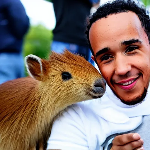 Image similar to an award winning photo of lewis hamilton holding a baby capybara, 4 k