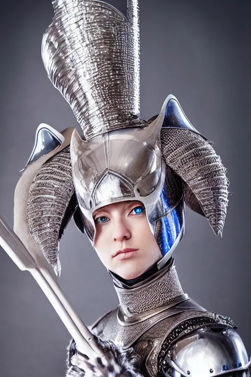 Image similar to female knight wearing a real cat on her head, armor designed by wayne barlowe, swarovski and tiffany, blonde hair, symmetry, sci - fi, cinematic, elegant, luxury, perfect light, perfect composition, dlsr photography, sharp focus, dark fantasy, 4 k, ultra hd, sense of awe, highly detailed, realistic, intricate