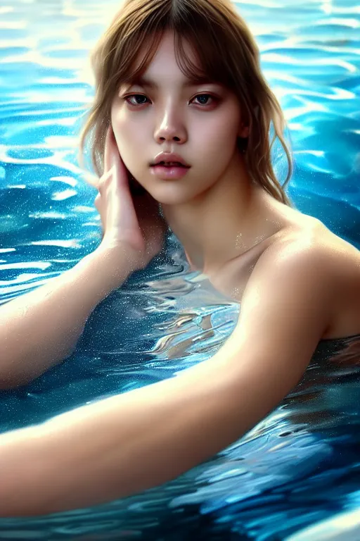 Prompt: beautiful half body digital painting of lalisa emerging from pool of water with high detail, face, 8 k, stunning detail, photo by artgerm, greg rutkowski and alphonse mucha, unreal engine 5, 4 k uhd