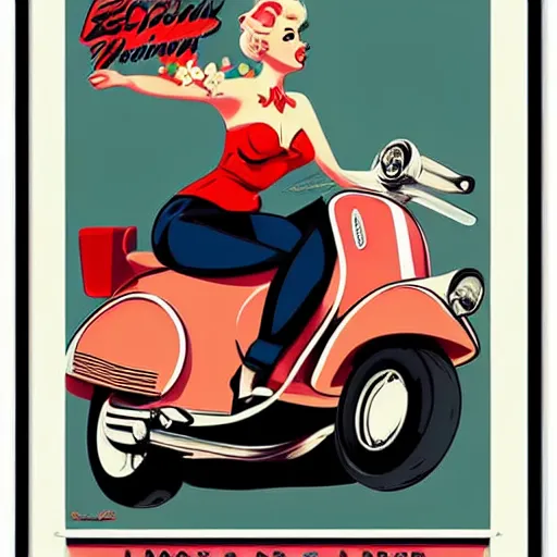 Image similar to vespa scooter, pinup girl, retro poster