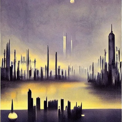 Image similar to by yves tanguy, by thomas w schaller doom. a beautiful land art of a cityscape with tall spires & delicate bridges.