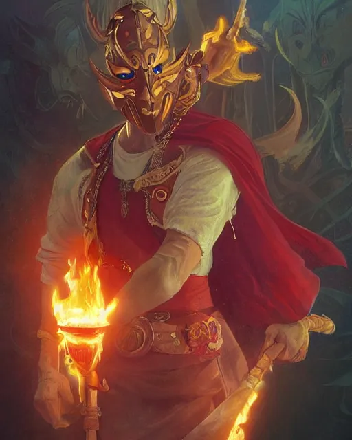 Image similar to happy mask salesman from zelda, full body photo, flames everywhere, highly detailed, digital painting, artstation, concept art, smooth, sharp focus, illustration, art by artgerm and greg rutkowski and alphonse mucha