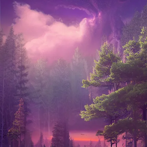 Prompt: solace, peaceful clouds, beautiful, old growth pine trees in a utopic spiritual city with temples, overlaid sacred geometry, with implied lines, gradient of purple and blue, mystical realistic poster with shaded lighting by craig mallismo, artgerm, jeremy lipkin and michael garmash, radiant light, detailed and complex environment