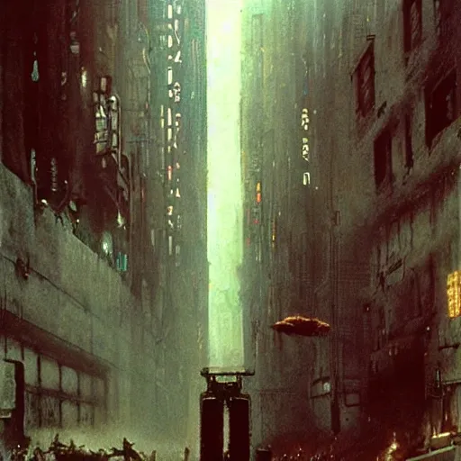 Prompt: from movie bladerunner, a scifi vehicle in a street, scene from bladerunner movie, beksinski