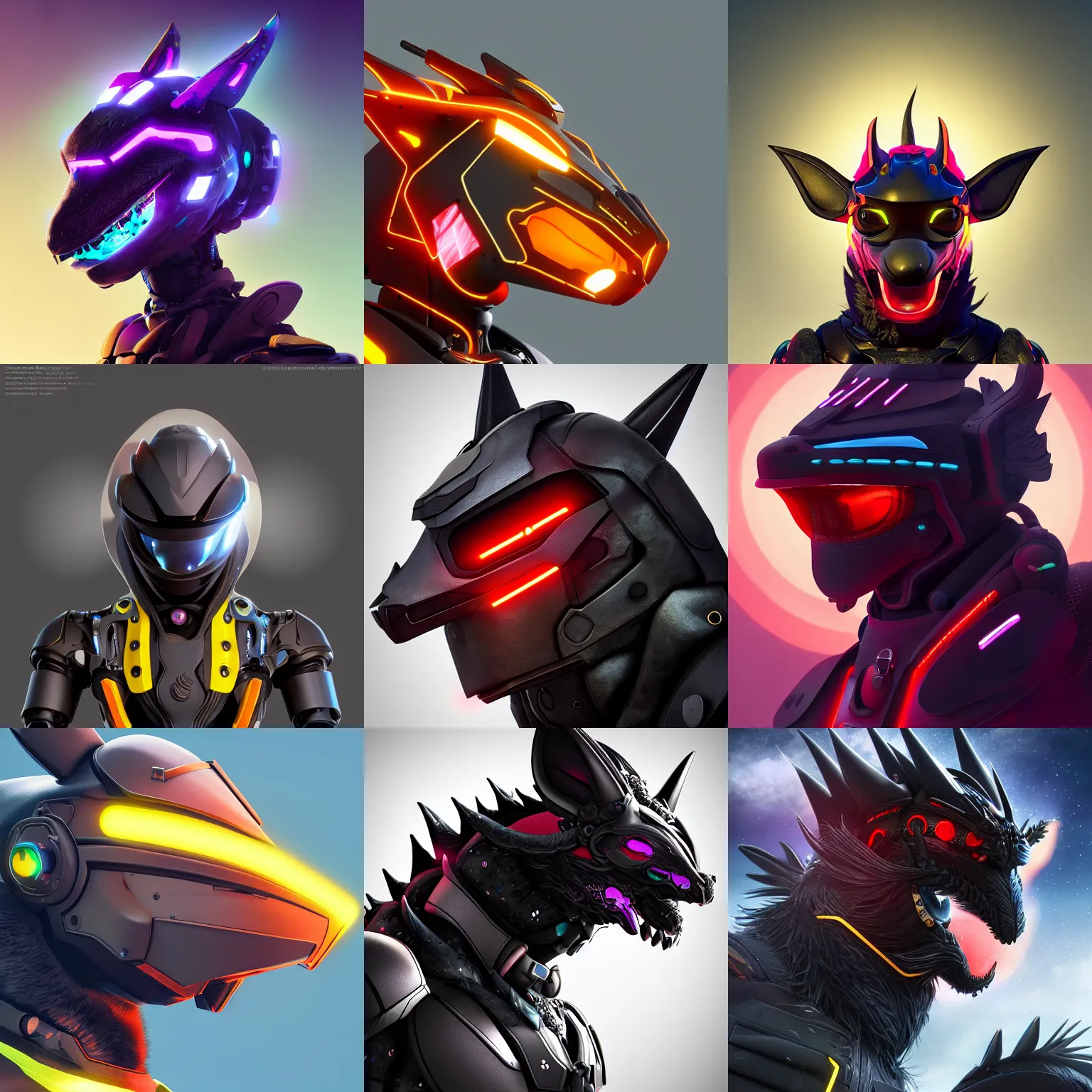 Prompt: very very beautiful furry art, bust profile picture of a robotic anthro black dragon, visor screen for face, snout under visor, commission on furaffinity, cgsociety, octane render, vibrant colors
