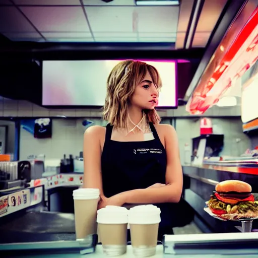 Prompt: ana de armas portrait working in a fast food restaurant, in a cinematic cyberpunk style, 3 5 mm