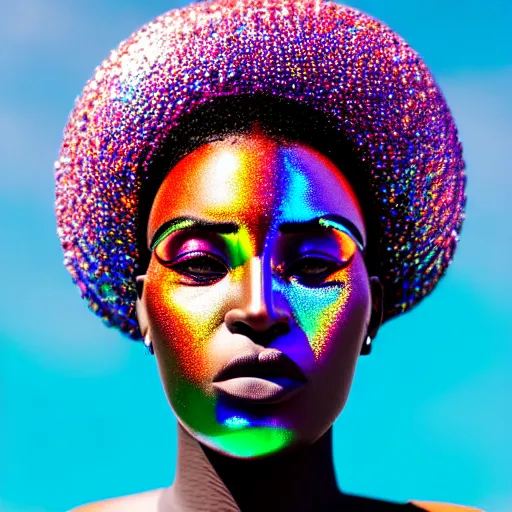 Image similar to portrait of iridescent metalic face, african woman, colorful reflections, proud, looking away, outdoor, blue sky, 8 k, realistic, depth of field, highly detailed, art photography