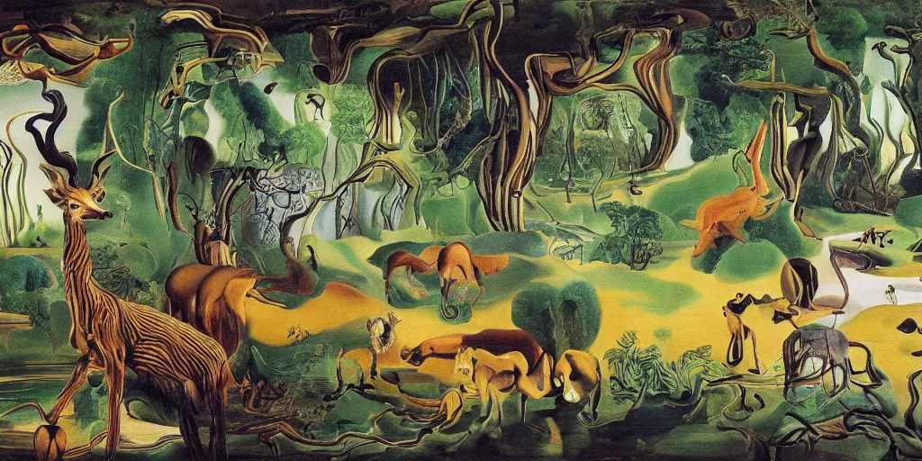 Image similar to Painting of a forest with rivers and animals in the style of Salvador Dali, highly detailed