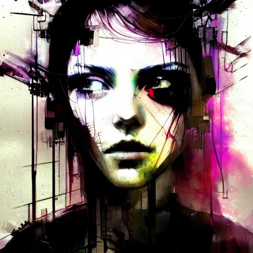 Image similar to beautiful young cyberpunk noir woman vr dreaming of a nightmare glitchcore world of wires, and machines, by jeremy mann, francis bacon and agnes cecile, and dave mckean ink drips, paint smears, digital glitches glitchart