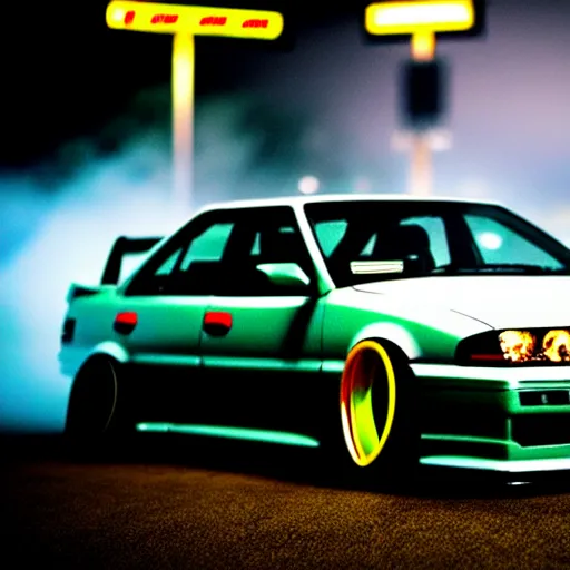 Image similar to a car JZX90 turbo drift at illegal car meet, Chiba prefecture, city midnight mist lights, cinematic color, photorealistic, highly detailed, work wheels, 85MM