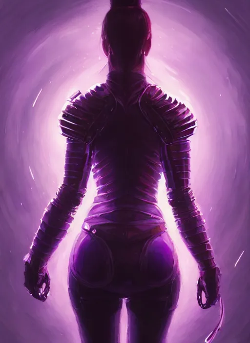 Image similar to portrait, back shot, looking away from viewer, woman with long black ponytail, wearing sci - fi leather armor, glowing purple katana, intricate, elegant, glowing lights, highly detailed, digital painting, artstation, concept art, smooth, sharp focus, illustration, art by wlop, mars ravelo and greg rutkowski