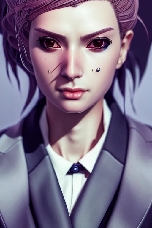 Image similar to hyperdetailed very close portrait of a european thirty years old woman in an elegant suit with a pin in a city inspired by ross tran and wlop and masamune shirow and kuvshinov, concept art, intricate, photorealistic, octane render, rtx, hdr, unreal engine, dnd digital art by artgerm fine face