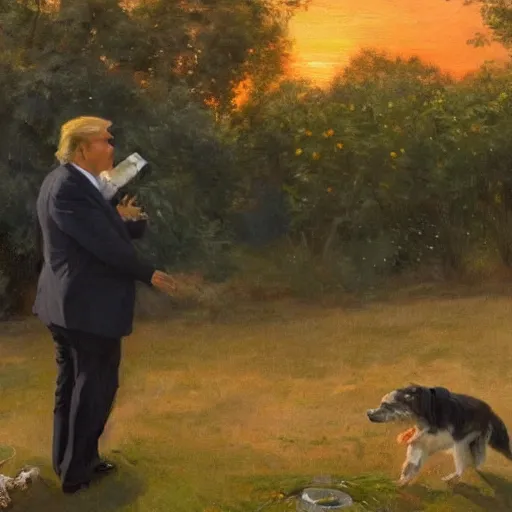 Prompt: a dog at sunset vomiting on Donald Trump, in a garden by Peder Krøyer, golden hour