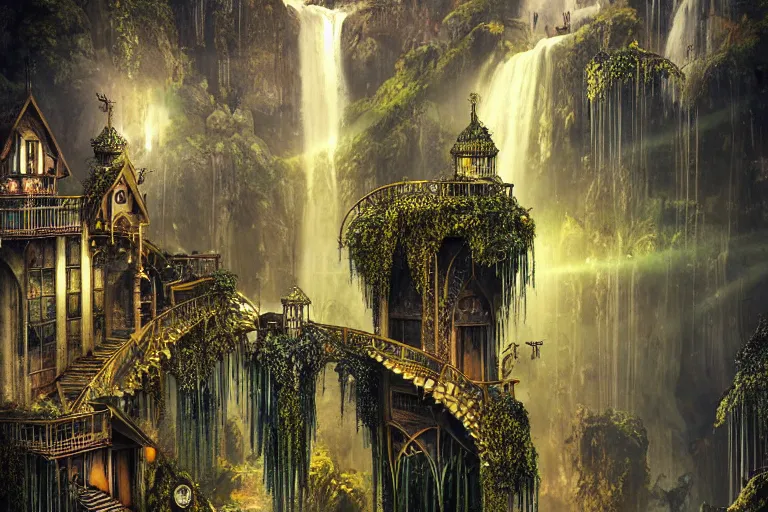 Prompt: gothic waterfall favela honeybee hive, art nouveau environment, godbeams, industrial factory, award winning art, epic dreamlike fantasy landscape, ultra realistic,