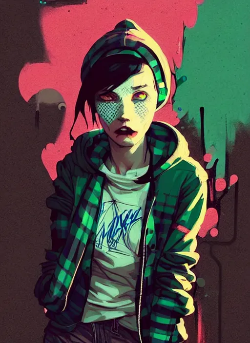 Image similar to highly detailed portrait of a sewer punk lady student, blue eyes, tartan hoody, black hair by atey ghailan, by greg rutkowski, by greg tocchini, by james gilleard, by joe fenton, by kaethe butcher, gradient green, black, brown and magenta color scheme, grunge aesthetic!!! ( ( graffiti tag wall background ) )