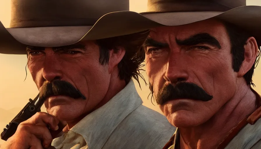 Image similar to tom selleck in a western movie, hyperdetailed, artstation, cgsociety, 8 k