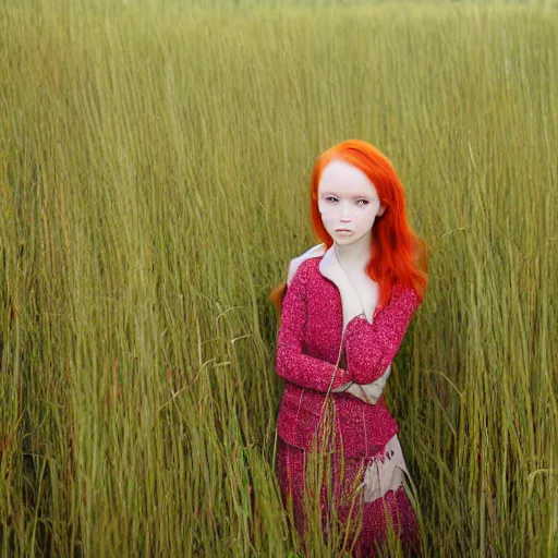 Prompt: young thin red head girl standing on the green tall grass field, cloudy weather, 30mm lens photo, soft light, soft shadows, morning