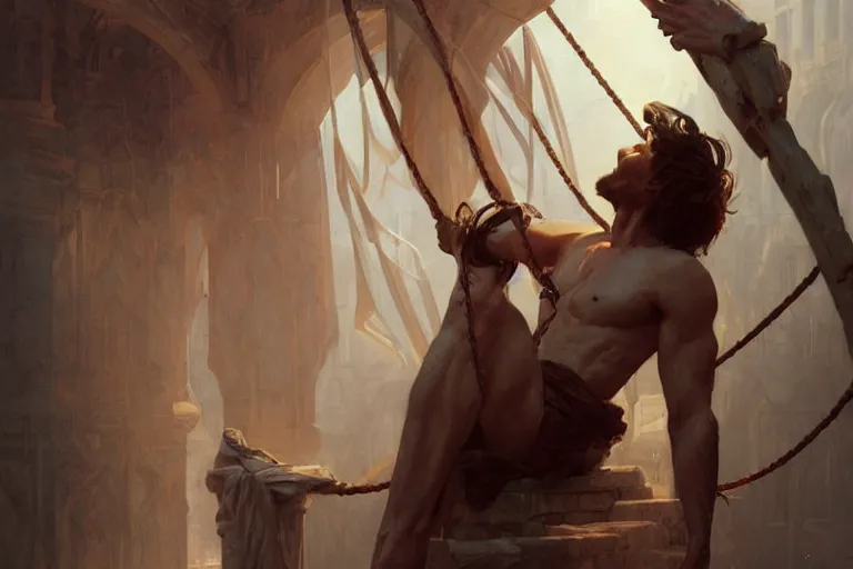 Image similar to a man tied to a pillar, highly detailed, hyperrealistic digital painting, artstation, concept art, smooth, sharp focus, illustration, cinematic lighting, art by artgerm and greg rutkowski and alphonse mucha