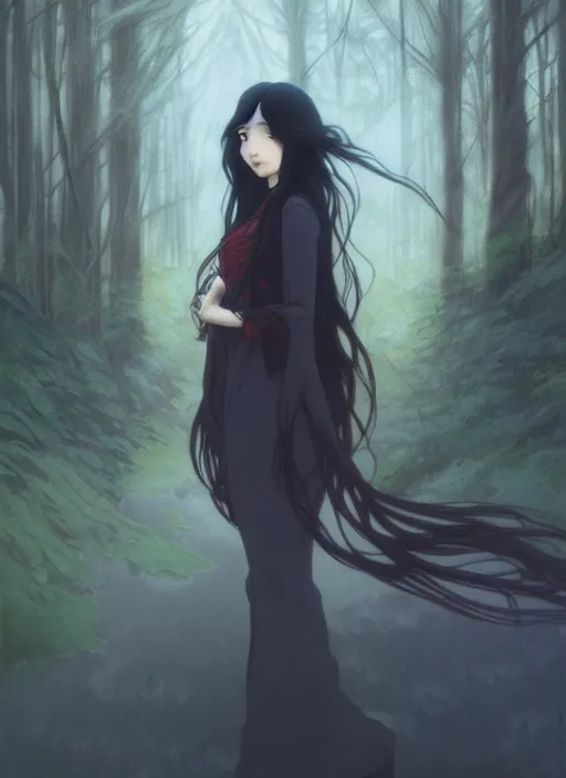 Prompt: pretty young woman with long black hair walking in the darkness, path traced, highly detailed, high quality, digital painting, by studio ghibli and alphonse mucha, leesha hannigan, makoto shinkai, disney