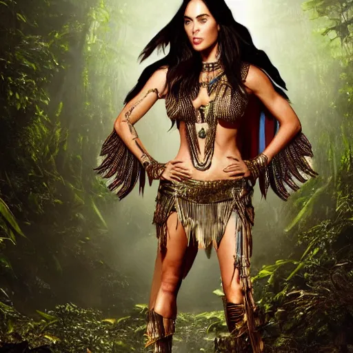 Image similar to full body photo of megan fox as a beautiful amazon warrior goddess wearing a flowing cape and golden chain mail armor, ornate jewelry, in the jungle, studio lighting, octane render, fashion photo by Arney freytag