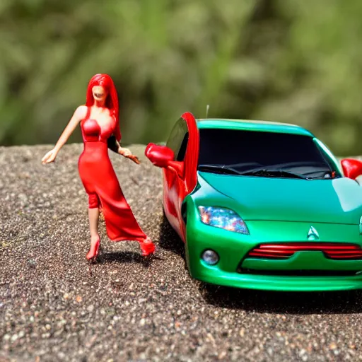 Prompt: a red haired woman driving a Jada toys mitsubishi eclipse green diecast car, macro photography, the woman is inside the toy car, high resolution photo