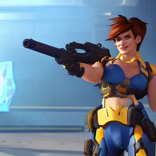 Image similar to a screenshot of arnold schwarzenegger as tracer in overwatch