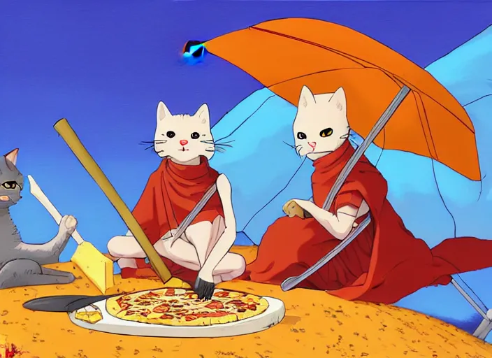 Prompt: cat samurai eating pizza together in the desert underneath an umbrella made of cheese, digital painting masterpiece, by ryan ottley and mœbius and hayao miyazaki and akira toriyama, 4 k wallpaper trending on pixiv