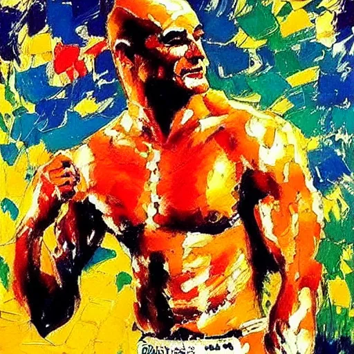 Prompt: bas rutten by leroy neiman, intricate, ultra detailed painting, atmospheric lighting, golden hour