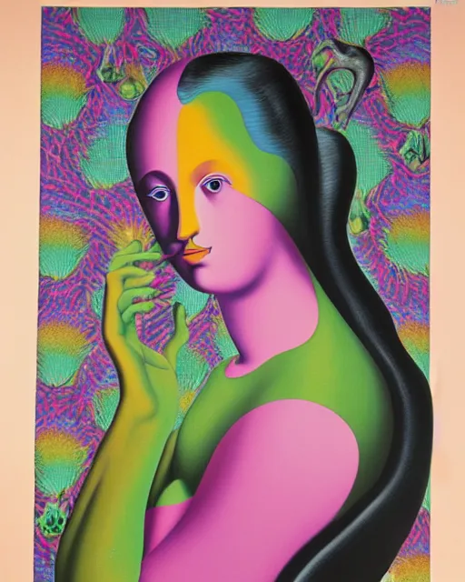 Image similar to portrait of a woman by lisa frank, rene magritte, salvador dali, and h. r. giger