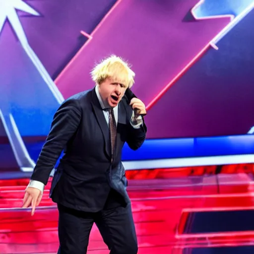 Image similar to boris johnson singing with a microphone on americas got talent, tomatoes and anchors being thrown at him, 4 k photograph