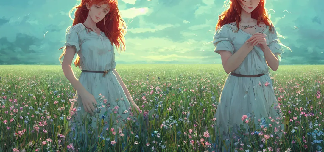 Image similar to a beautiful southern woman named Savannah, innocent, somber turquoise eyes, freckles, long ginger hair tied with white ribbon, relaxed in a field of flowers on a farm, gentle lighting, storm in the distance, western clothing, dress, digital art by Makoto Shinkai ilya kuvshinov and Wojtek Fus, digital art, concept art,