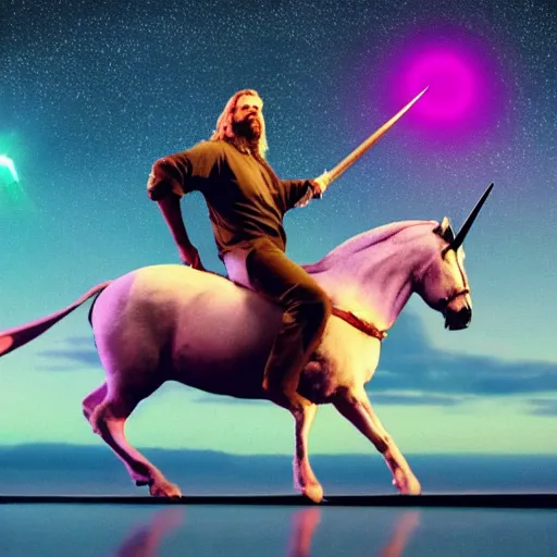 Image similar to big lebowski riding a unicorn, cinematic lighting, award winning photography