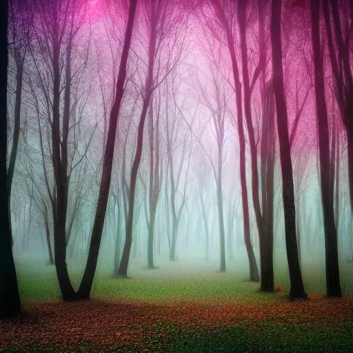 Prompt: old forest with glowing trees and glitter dust in cosmic color fog