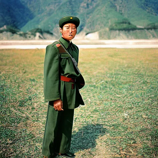 Image similar to A film photography from the 90's of a North Korean resistance rebel soldier photo by Slim Aarons, award winning, good composition, catolog