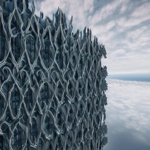 Prompt: intricate fractal patterned building facade of glass with cloudy dramatic sky and grassy meadow, hyperrealism, 4k octane render, photorealistic concept art, highly detailed