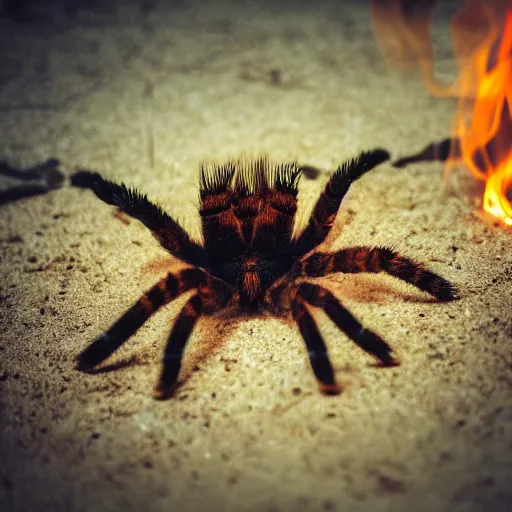 Prompt: analog photograph of a tarantula on fire, big smoke clouds visible, flames, sparks, film grain, depth of field, bokeh, color bleed