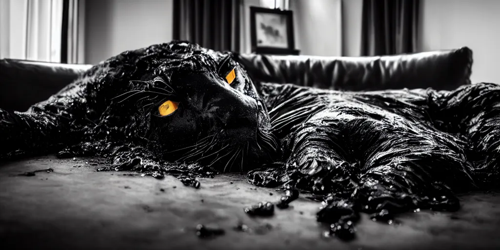 Image similar to the smooth black panther, made of smooth black goo, laying on the couch in the living room after bathing in the ferrofluid, viscous, sticky, full of tar, covered with black goo. photography, dslr, reflections, black goo